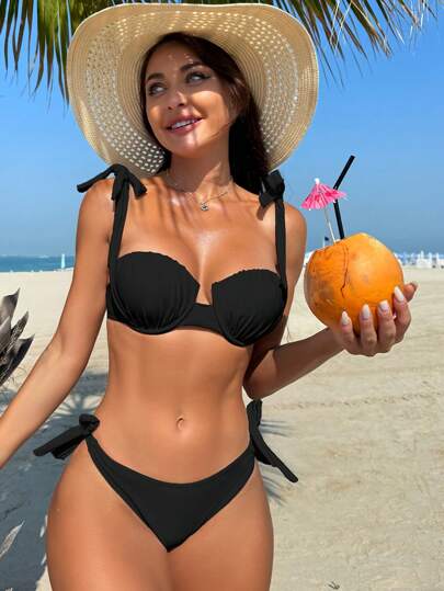 Swim Vcay Summer Beach Women's Solid Color Pleated Bikini Set