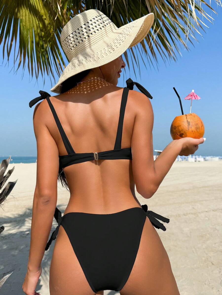 Swim Vcay Summer Beach Women's Solid Color Pleated Bikini Set