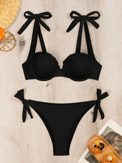 Swim Vcay Summer Beach Solid Color Bikini Set With Underwire And Lace-Up Detail