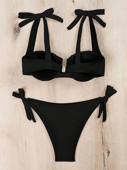 Swim Vcay Summer Beach Solid Color Bikini Set With Underwire And Lace-Up Detail