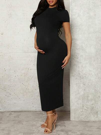 Maternity Sexy Black Bodycon Midi Dress Stand Collar Short Sleeve Split Pencil Dress for Elegant Daily Wear