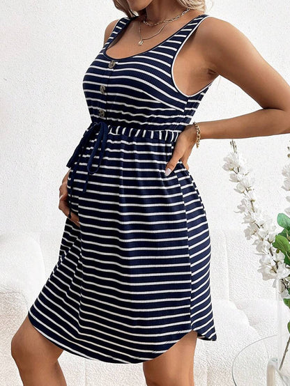 Maternity Striped Scoop Neck Sleeveless A-Line Dress with Drawstring High Waist - Navy Blue Casual Mini Sun Dress