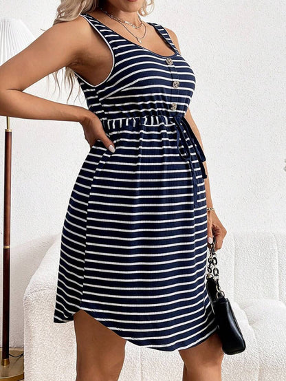 Maternity Striped Scoop Neck Sleeveless A-Line Dress with Drawstring High Waist - Navy Blue Casual Mini Sun Dress