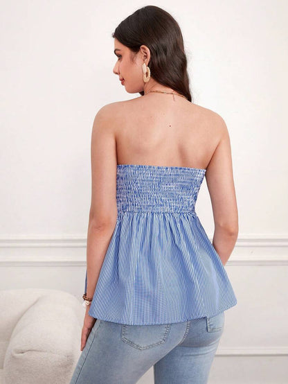 Striped Maternity Bandeau Peplum Top - Strapless Color Block Tie Front Top with Frill Trim