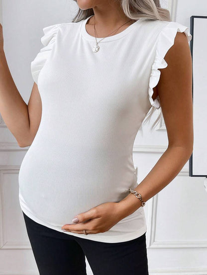 Maternity White Rib Knit Flutter Sleeve Top Slim Fit Ruffle Trim Summer Blouse for Daily Wear & Casual Outfits