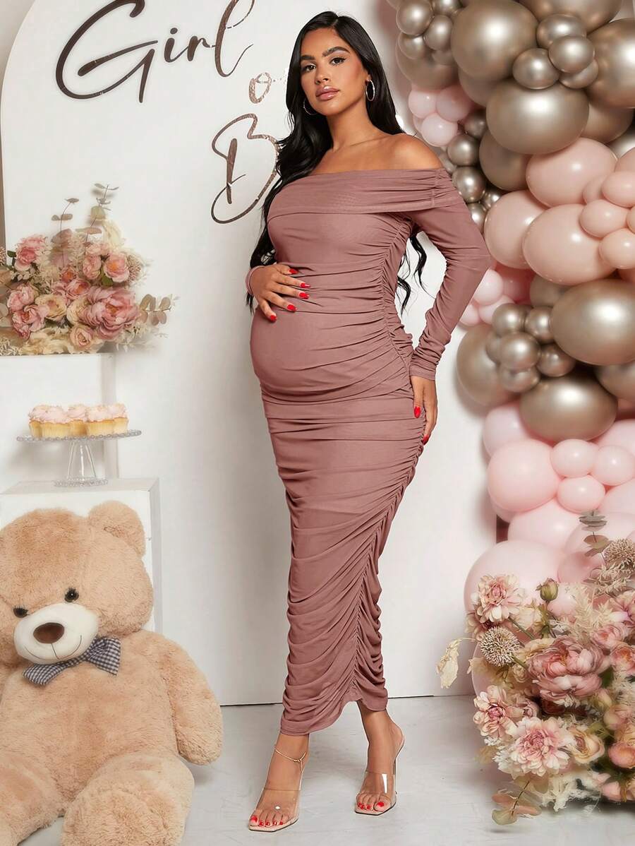 Maternity Solid Ruched Off Shoulder Long Sleeve Bodycon Dress for Baby Shower Green