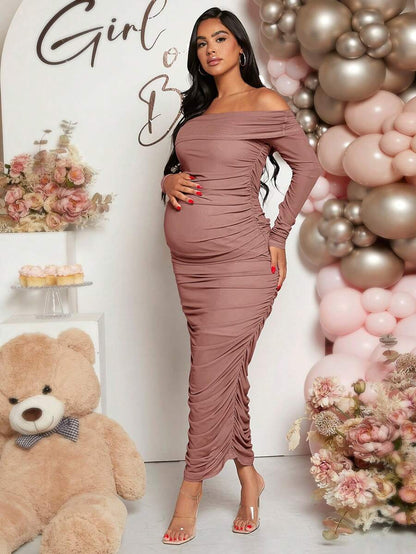 Maternity Solid Ruched Off Shoulder Long Sleeve Bodycon Dress for Baby Shower Green