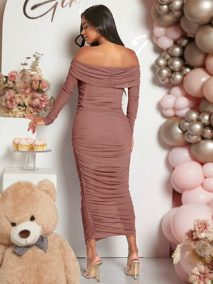 Maternity Solid Ruched Off Shoulder Long Sleeve Bodycon Dress for Baby Shower Green