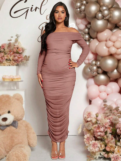 Maternity Solid Ruched Off Shoulder Long Sleeve Bodycon Dress for Baby Shower Green