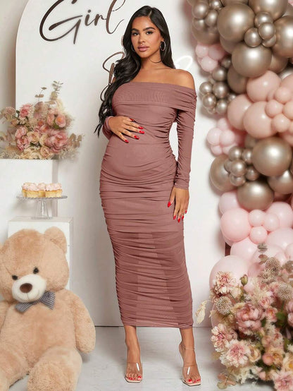 Maternity Solid Ruched Off Shoulder Long Sleeve Bodycon Dress for Baby Shower Green