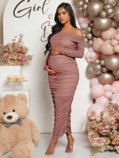 Maternity Solid Ruched Off Shoulder Long Sleeve Bodycon Dress for Baby Shower Green