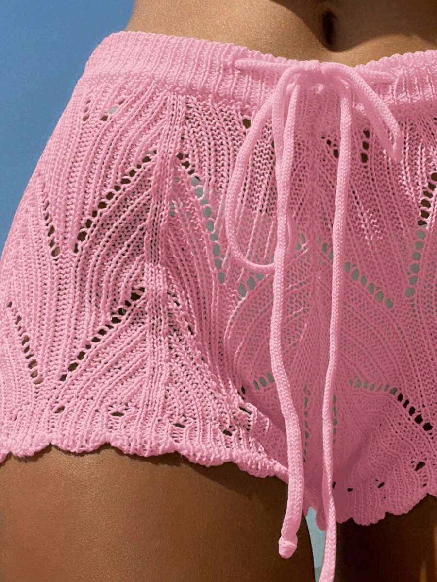 Swim Vcay Summer Beach Hollow Out Drawstring Waist Cover Up Shorts
