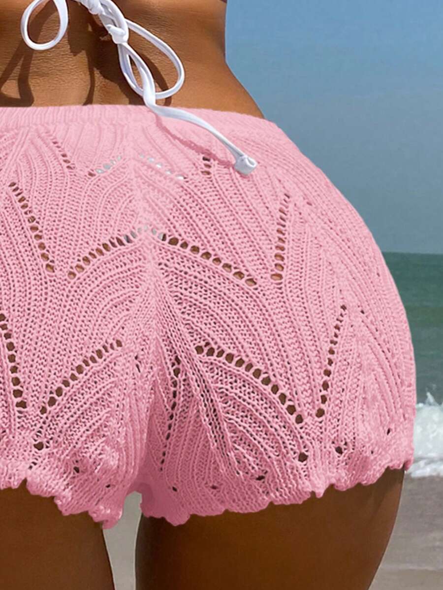 Swim Vcay Summer Beach Hollow Out Drawstring Waist Cover Up Shorts
