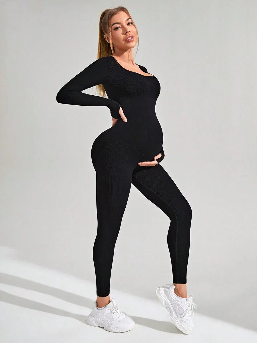 Pregnant Women's Ribbed Round Neck Jumpsuit For Maternity With Long Sleeve