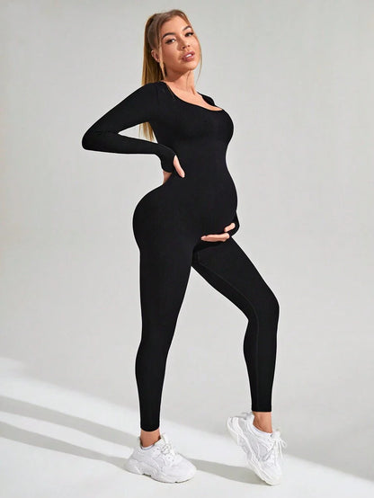 Pregnant Women's Ribbed Round Neck Jumpsuit For Maternity With Long Sleeve