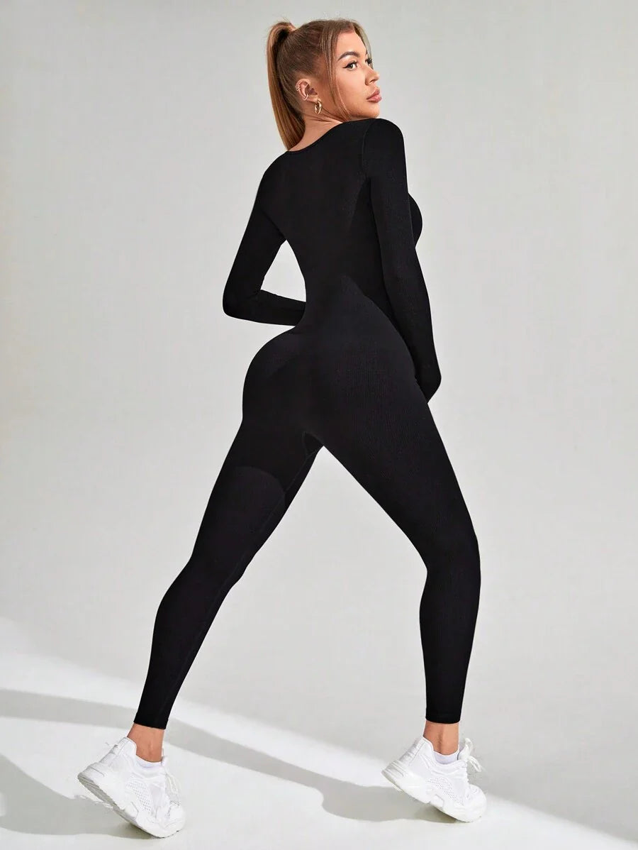 Pregnant Women's Ribbed Round Neck Jumpsuit For Maternity With Long Sleeve