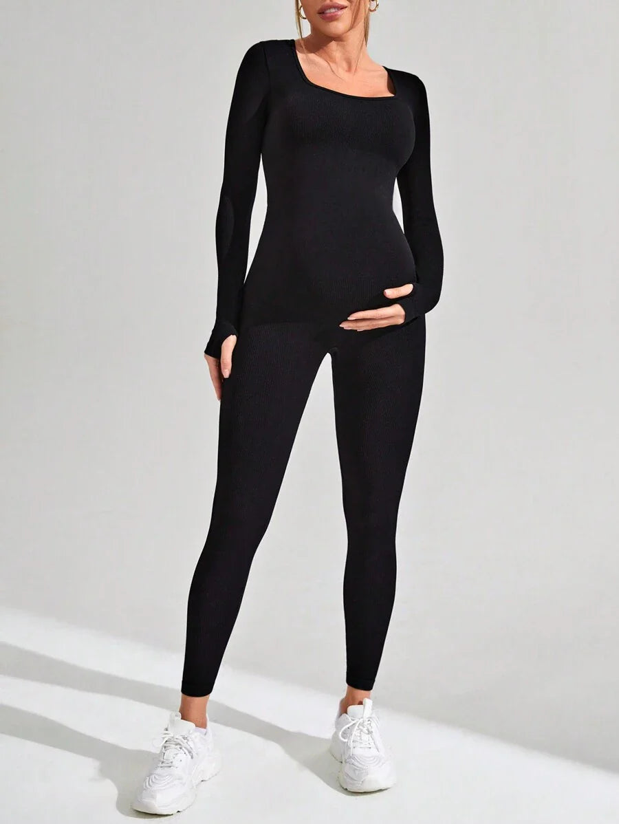 Pregnant Women's Ribbed Round Neck Jumpsuit For Maternity With Long Sleeve