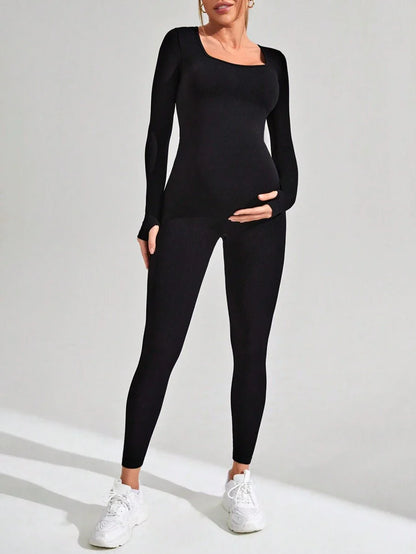Pregnant Women's Ribbed Round Neck Jumpsuit For Maternity With Long Sleeve
