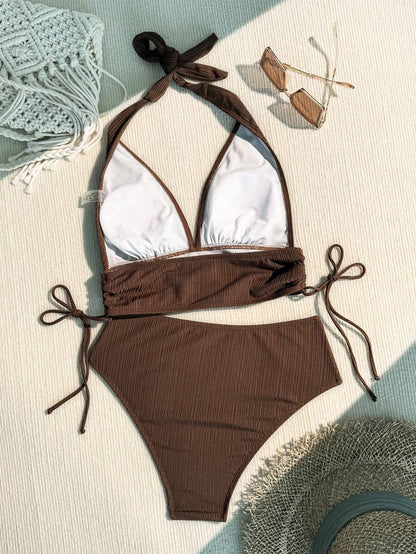 Women's Solid Textured Bikini Set - Halter, Backless, High Waist, Black