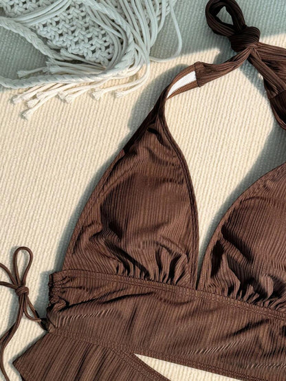 Swim Vcay Bathing Suits Women Women Solid Color Textured Drawstring Halter Top And Swim Bottom Bikini Set Bathing Suit, For Summer, Beach, Honeymoon, Travel, Vacation, Swimming Pool Summer Beach