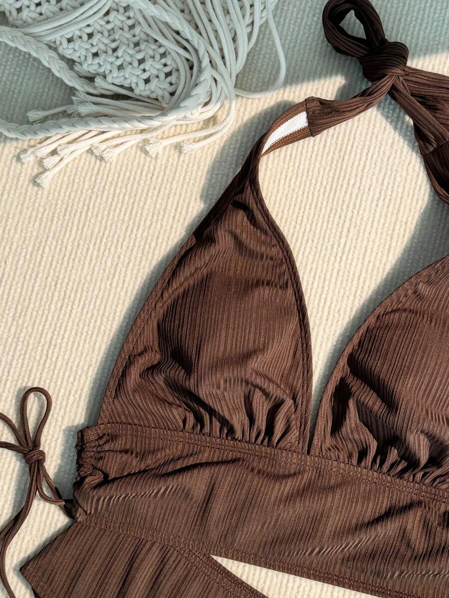 Women's Solid Textured Bikini Set - Halter, Backless, High Waist, Black