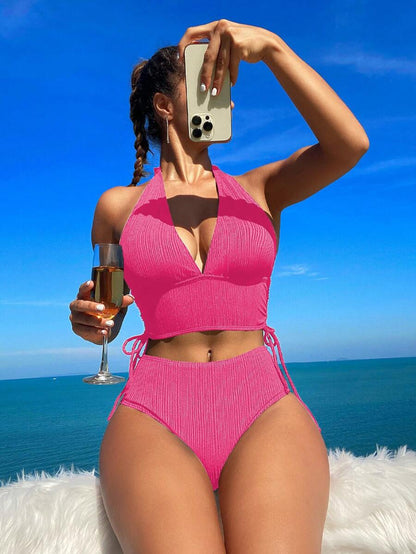 Swim Vcay Bathing Suits Women Women Solid Color Textured Drawstring Halter Top And Swim Bottom Bikini Set Bathing Suit, For Summer, Beach, Honeymoon, Travel, Vacation, Swimming Pool Summer Beach