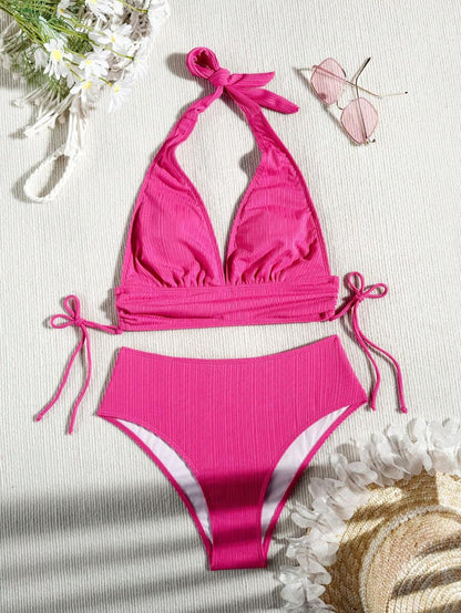 Swim Vcay Bathing Suits Women Women Solid Color Textured Drawstring Halter Top And Swim Bottom Bikini Set Bathing Suit, For Summer, Beach, Honeymoon, Travel, Vacation, Swimming Pool Summer Beach