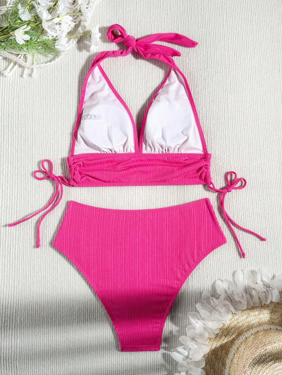 Swim Vcay Bathing Suits Women Women Solid Color Textured Drawstring Halter Top And Swim Bottom Bikini Set Bathing Suit, For Summer, Beach, Honeymoon, Travel, Vacation, Swimming Pool Summer Beach
