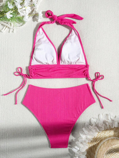 Swim Vcay Bathing Suits Women Women Solid Color Textured Drawstring Halter Top And Swim Bottom Bikini Set Bathing Suit, For Summer, Beach, Honeymoon, Travel, Vacation, Swimming Pool Summer Beach