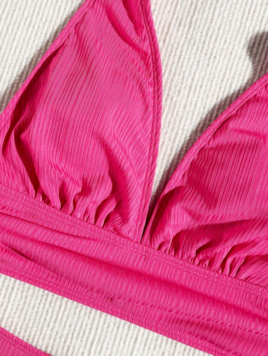 Swim Vcay Bathing Suits Women Women Solid Color Textured Drawstring Halter Top And Swim Bottom Bikini Set Bathing Suit, For Summer, Beach, Honeymoon, Travel, Vacation, Swimming Pool Summer Beach