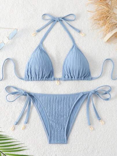 Women's Textured Halter Tie Bikini Set - Knot, Tie Side, High Waist, Blue