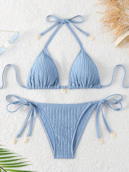 Women's Textured Halter Tie Bikini Set - Knot, Tie Side, High Waist, Blue
