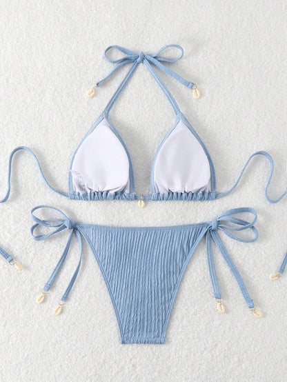 Women's Textured Halter Tie Bikini Set - Knot, Tie Side, High Waist, Blue