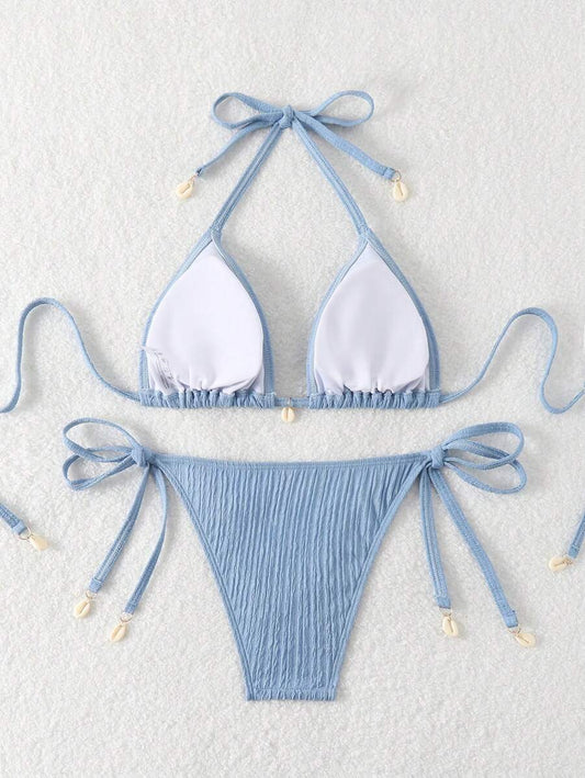 Women's Textured Halter Tie Bikini Set - Knot, Tie Side, High Waist, Blue