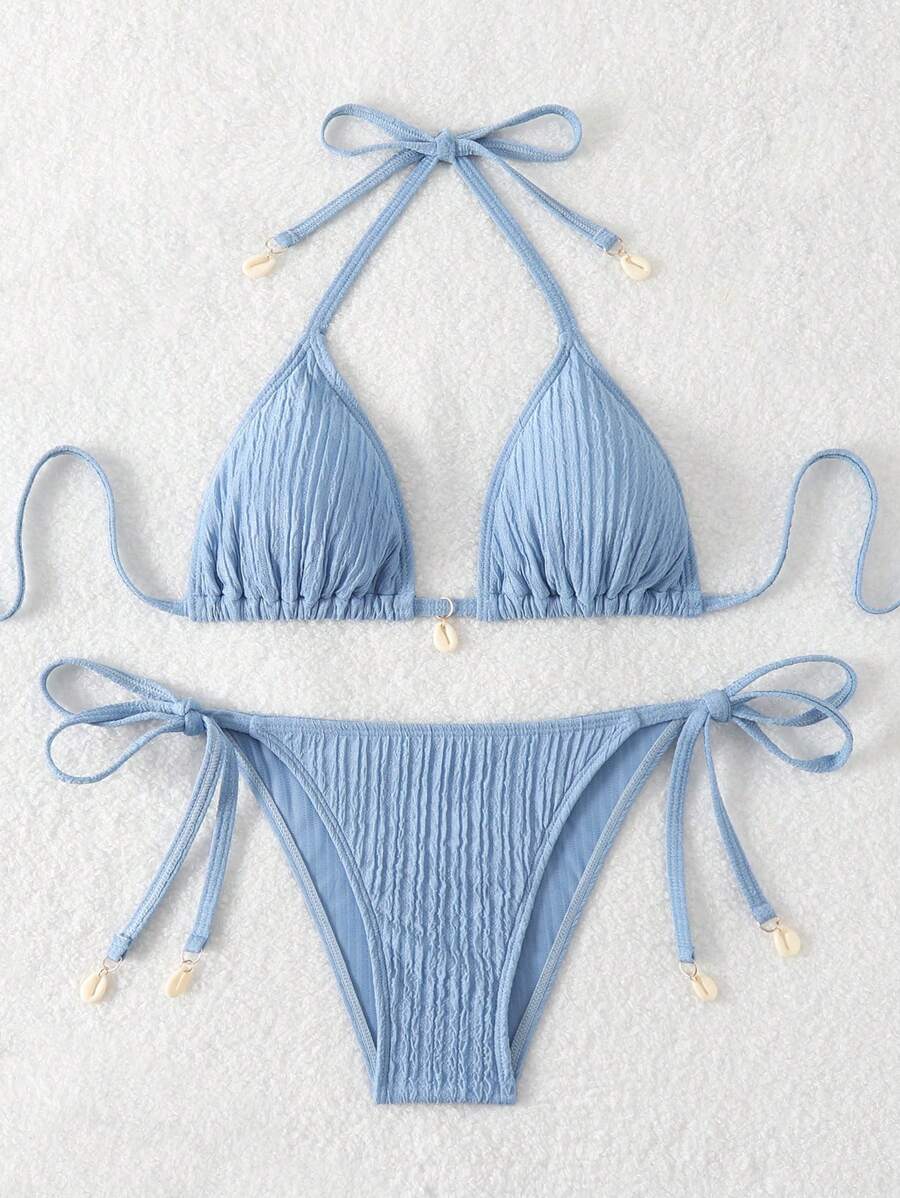 Women's Textured Halter Tie Bikini Set - Knot, Tie Side, High Waist, Blue