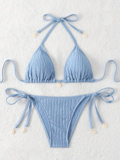 Women's Textured Halter Tie Bikini Set - Knot, Tie Side, High Waist, Blue