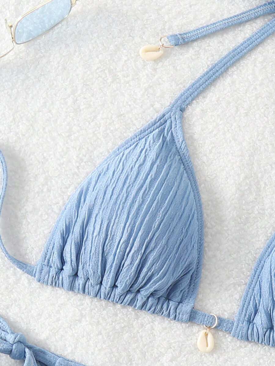 Women's Textured Halter Tie Bikini Set - Knot, Tie Side, High Waist, Blue