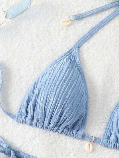 Women's Textured Halter Tie Bikini Set - Knot, Tie Side, High Waist, Blue
