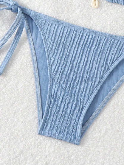 Women's Textured Halter Tie Bikini Set - Knot, Tie Side, High Waist, Blue