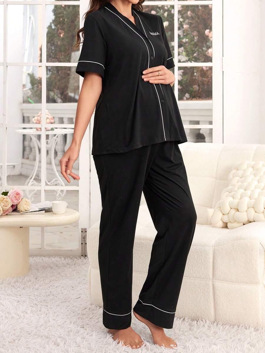 Maternity 2 Piece Nursing Pajama Set Letter Print Short Sleeve Top and Long Pants Sleepwear