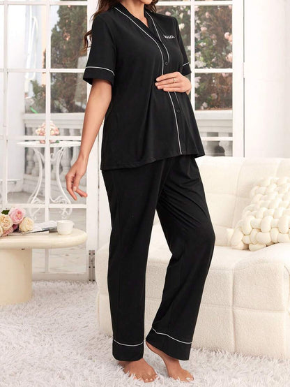 Maternity 2 Piece Nursing Pajama Set Letter Print Short Sleeve Top and Long Pants Sleepwear