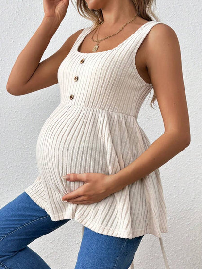 Hot Pink Scoop Neck Long Maternity Camisole - Button Detail Flared Hem Tank Top - Casual Slim Fit Streetwear Maternity Cami