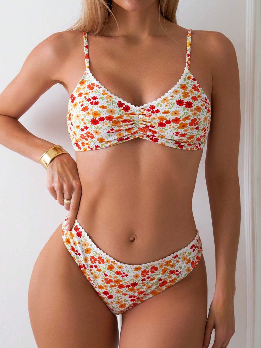 Women's Ditsy Floral Bikini Set - Ruched Spaghetti Strap, Hipsters, High Waist, Multicolor