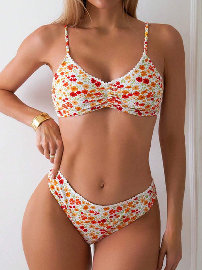 Women's Ditsy Floral Bikini Set - Ruched Spaghetti Strap, Hipsters, High Waist, Multicolor