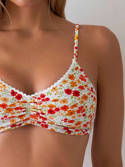 Women's Ditsy Floral Bikini Set - Ruched Spaghetti Strap, Hipsters, High Waist, Multicolor