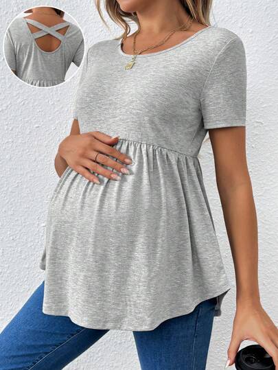 Maternity Grey Scoop Neck Back Cross Hollow Out Short Sleeve T-Shirt Slim Fit Ruffle Hem Knit Longline Top for Casual Daily Wear