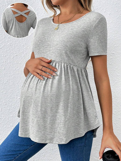 Maternity Grey Scoop Neck Back Cross Hollow Out Short Sleeve T-Shirt Slim Fit Ruffle Hem Knit Longline Top for Casual Daily Wear