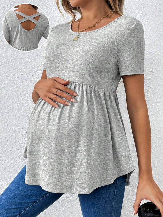 Maternity Grey Scoop Neck Back Cross Hollow Out Short Sleeve T-Shirt Slim Fit Ruffle Hem Knit Longline Top for Casual Daily Wear