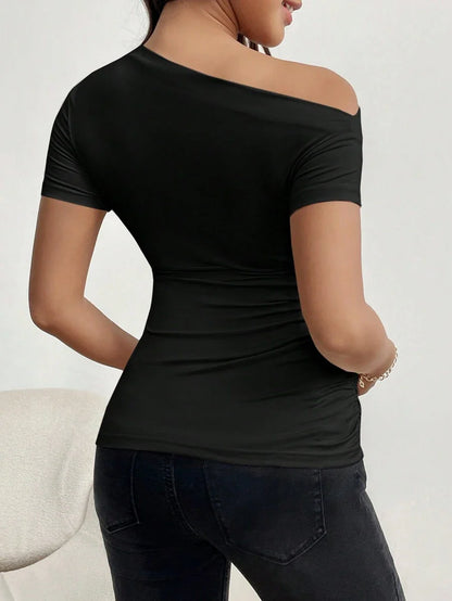 Maternity Asymmetrical Neckline Ruched T-Shirt - Short Sleeve Slim Fit Pleated Knit Top for Casual Daily Wear