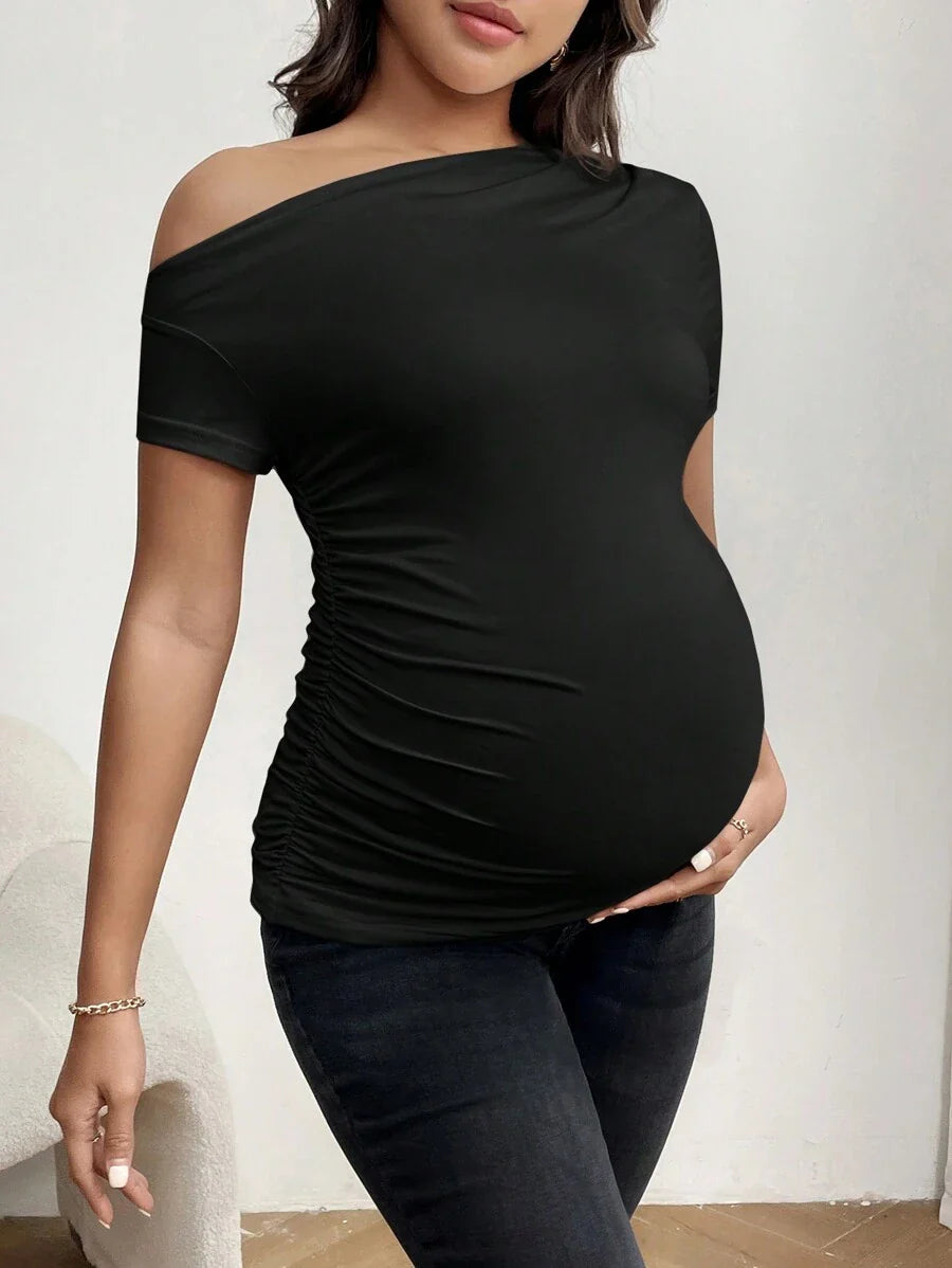 Maternity Asymmetrical Neck Tee - Short Sleeve, Slim Fit, High Stretch, Black